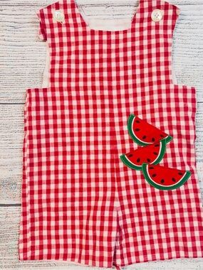 Red Gingham Kids One-Piece Romper with Watermelon Appliqué